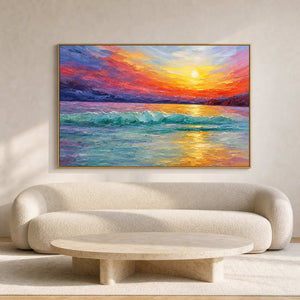 Textured coastal wall art with turquoise waves above a neutral living room.
