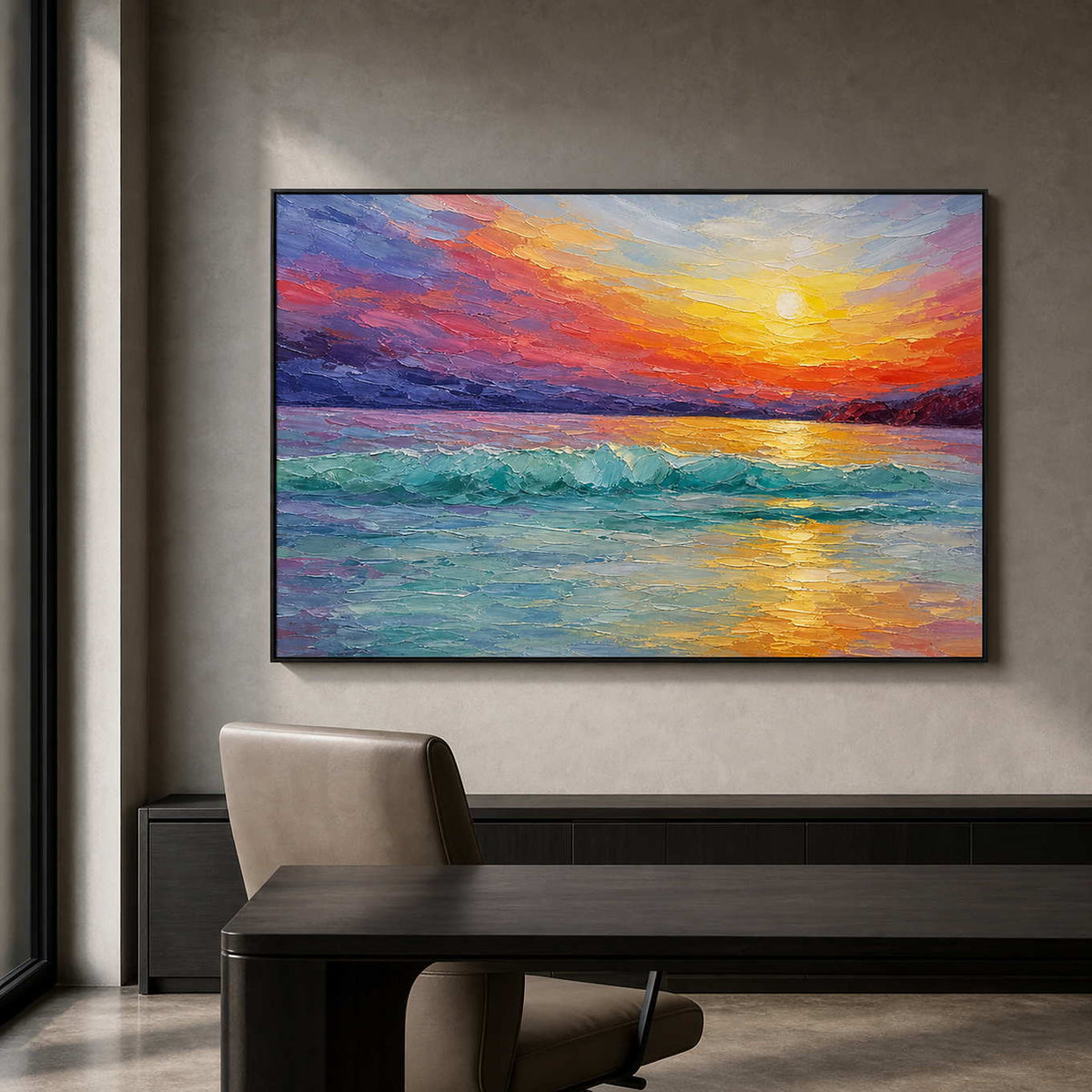 Modern textured seascape bringing vivid sunset color to a dark office.