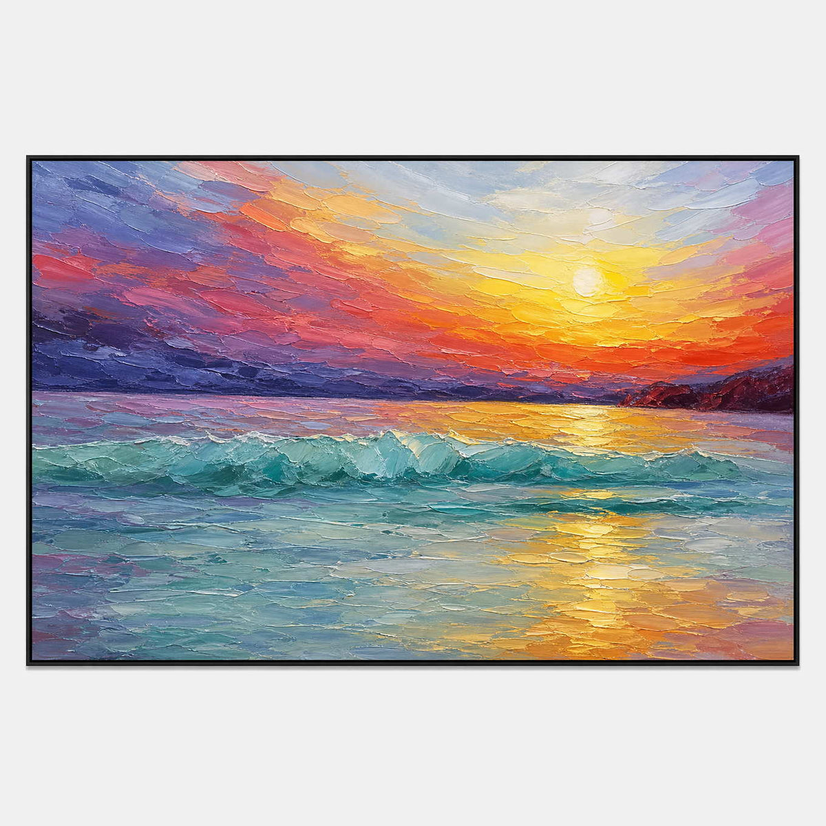Hand-painted sunset seascape in turquoise, coral, violet, and gold.