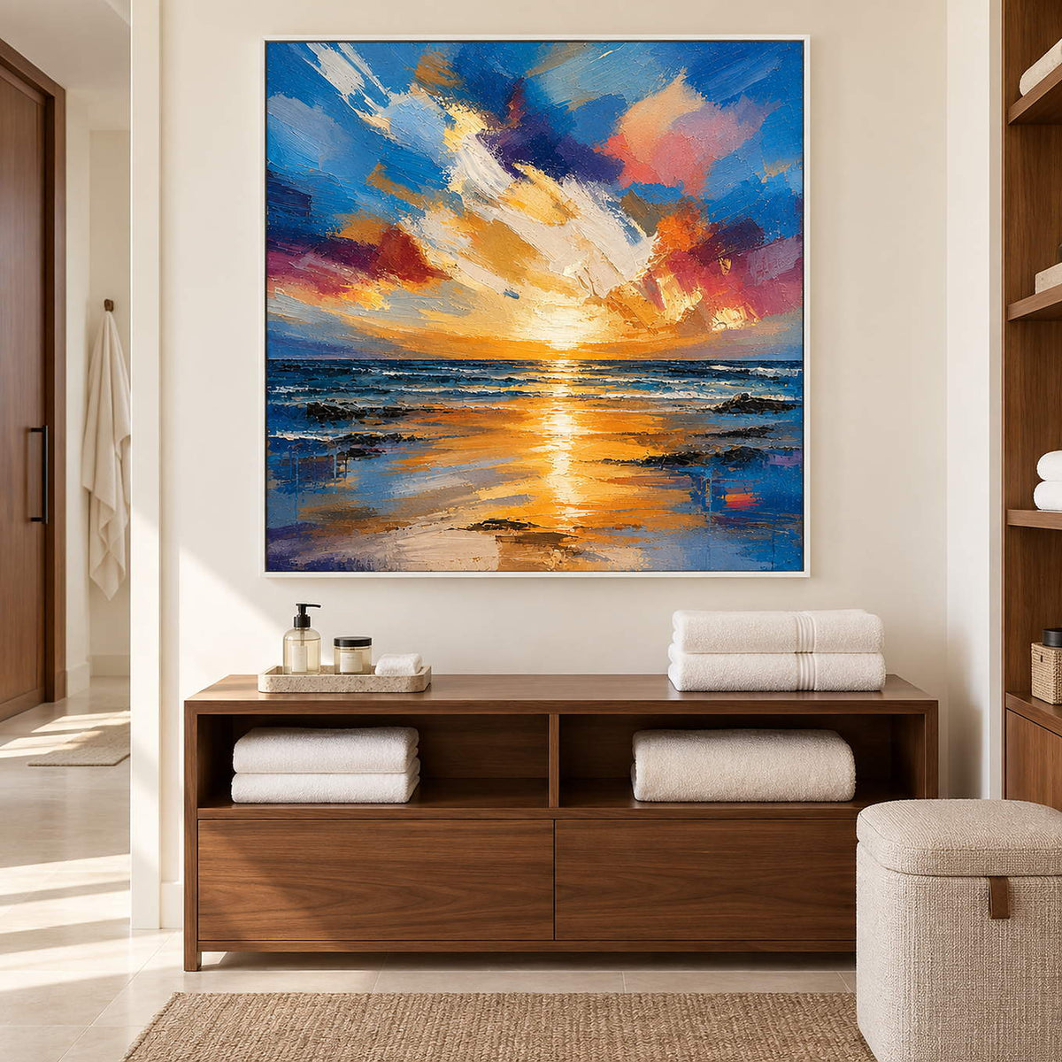 Square textured seascape in cobalt blue coral and molten gold, displayed in a bathroom dry area in a white frame.