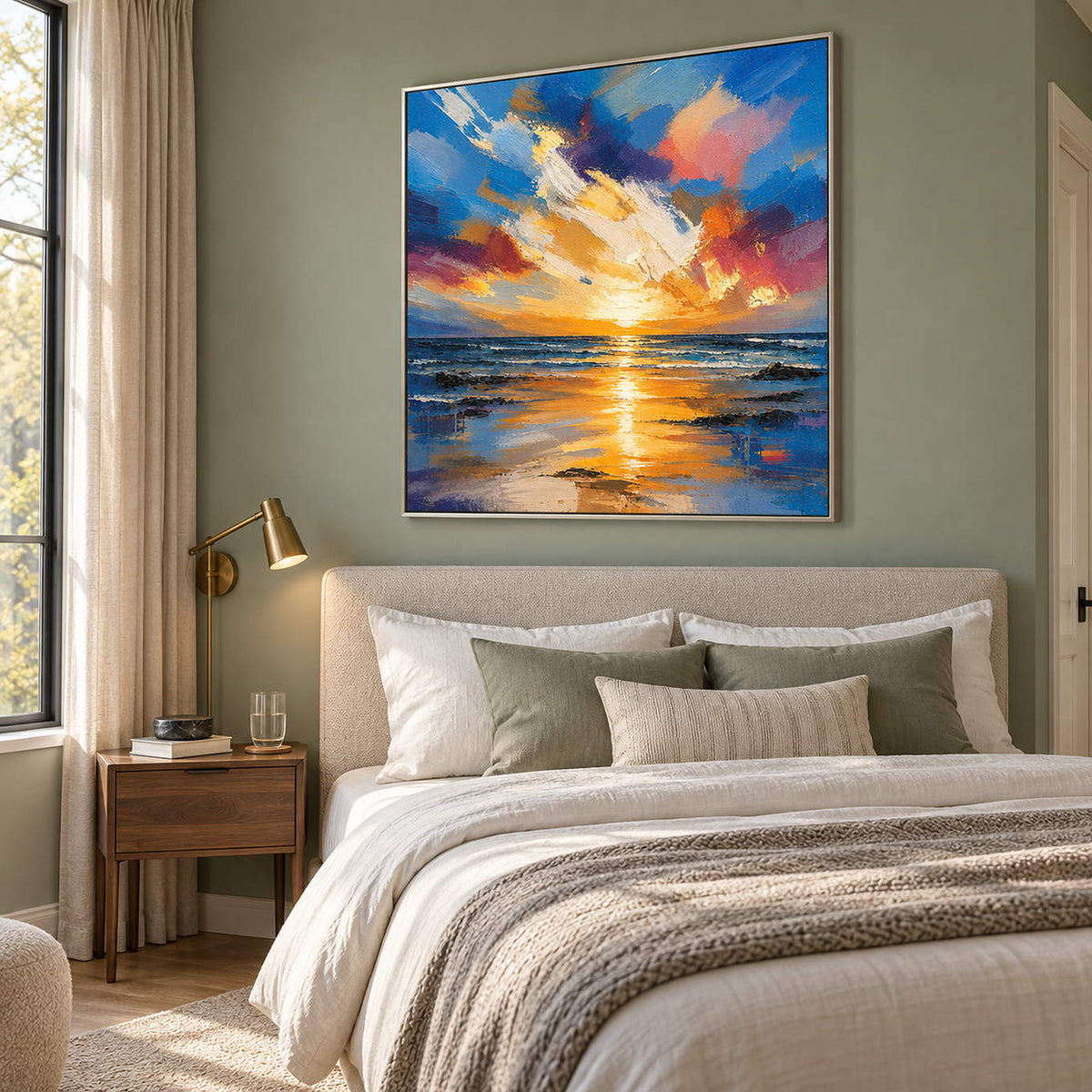 Square textured seascape in cobalt blue coral and molten gold, displayed in a bedroom in a silver frame.