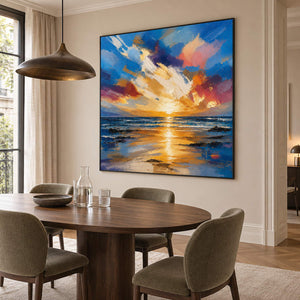 Square textured seascape in cobalt blue coral and molten gold, displayed in a dining room in a black frame.