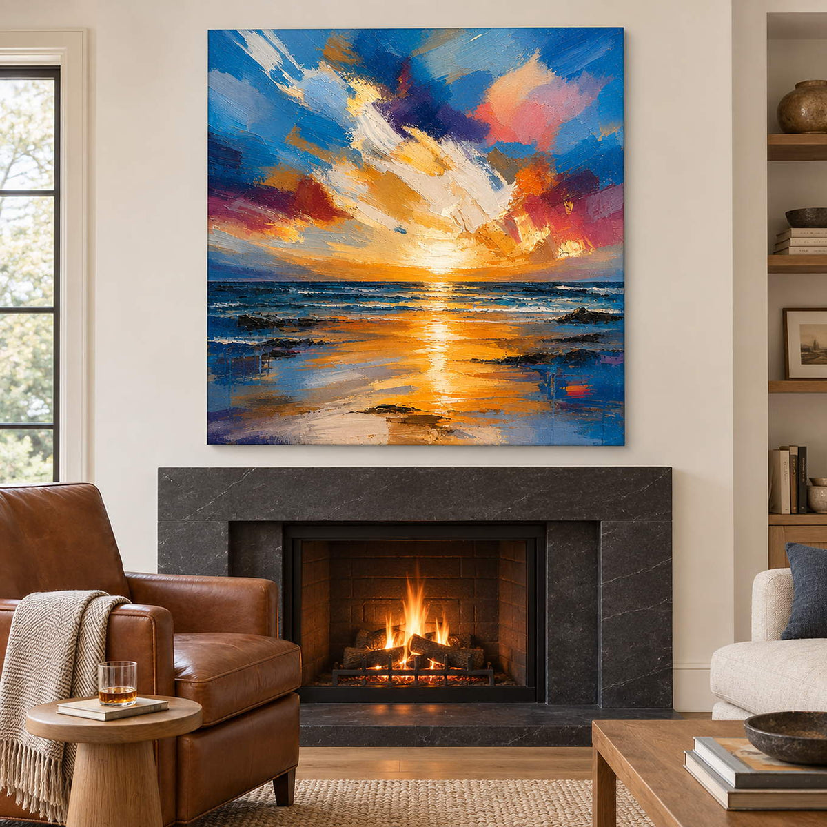 Square textured seascape in cobalt blue coral and molten gold, displayed beside or above a fireplace without an outer frame.