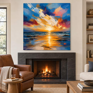Square textured seascape in cobalt blue coral and molten gold, displayed beside or above a fireplace without an outer frame.