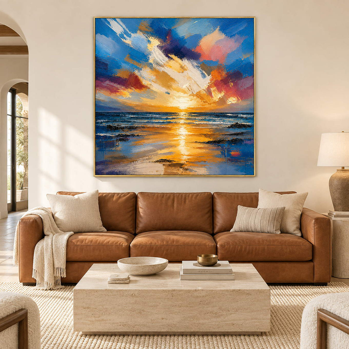 Square textured seascape in cobalt blue coral and molten gold, displayed in a living room in a gold frame.