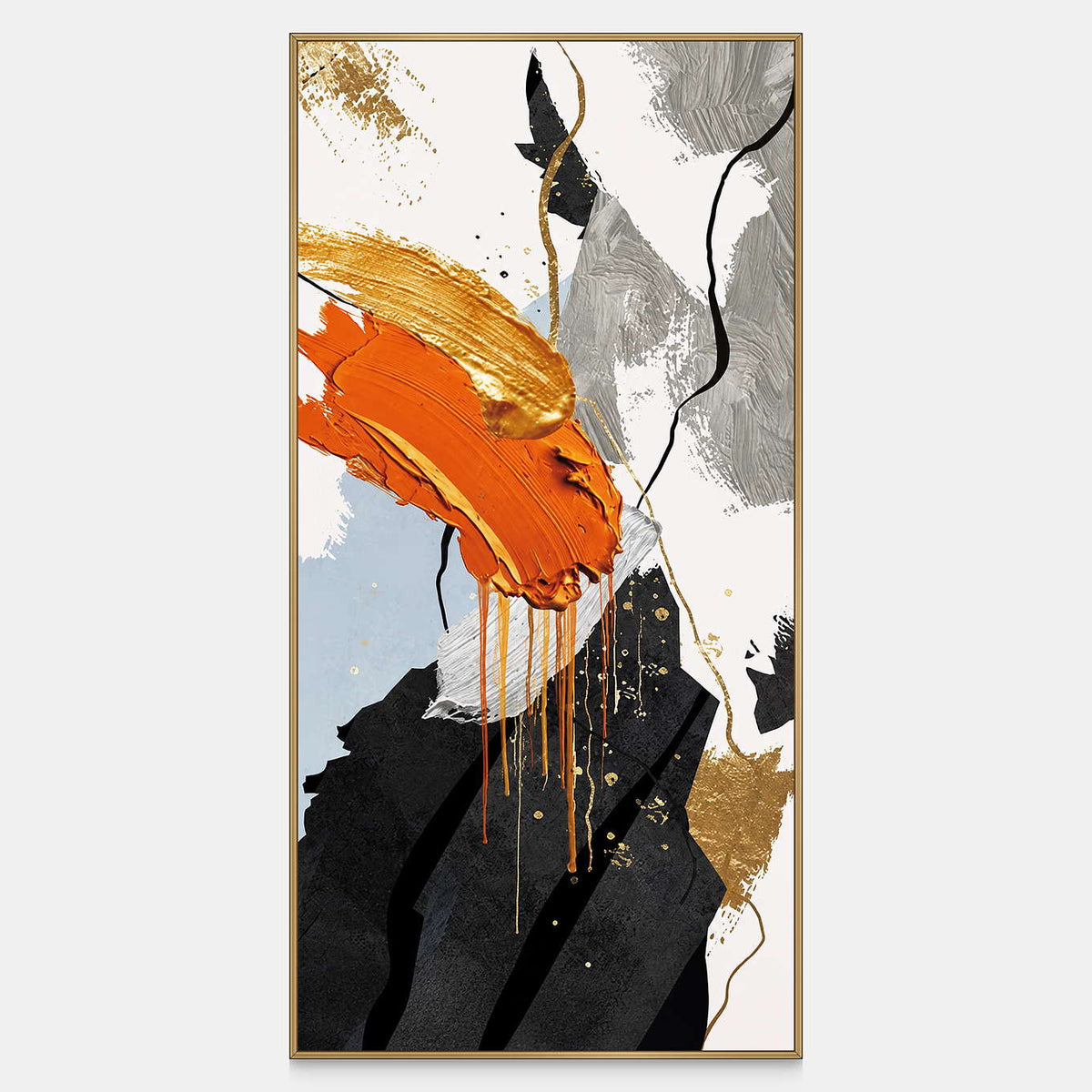 Tall abstract painting with orange impasto strokes, gold accents, and dark lower shapes.