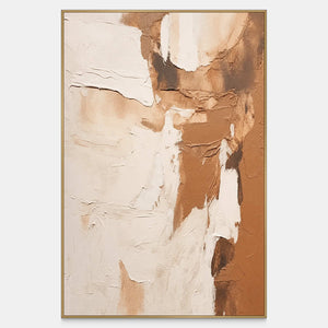 Vertical abstract artwork with broad cream strokes layered over tan and caramel areas.