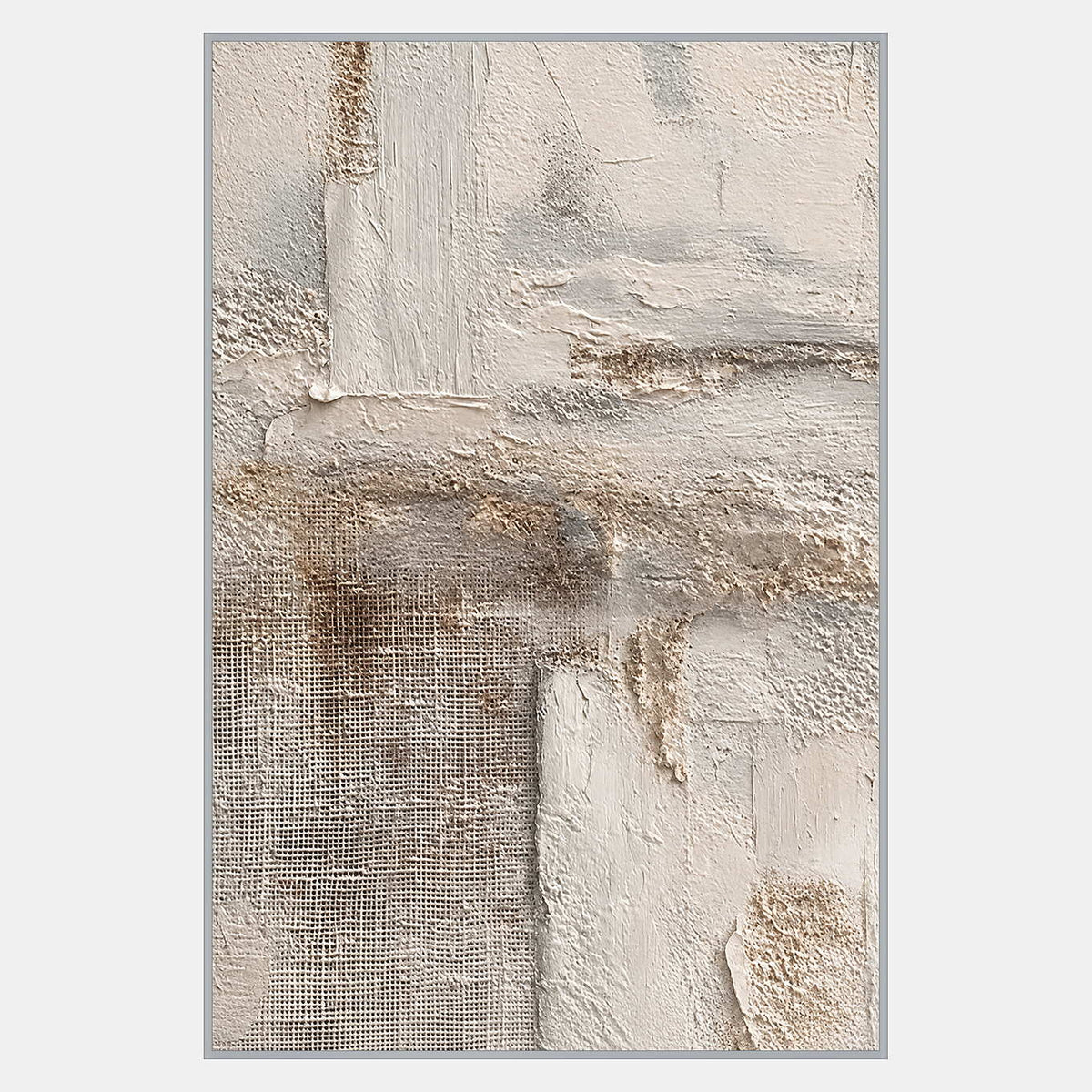 Tall pale abstract with cream and warm gray patches, sandy brown traces, and fine mesh-like texture concentrated at lower left.