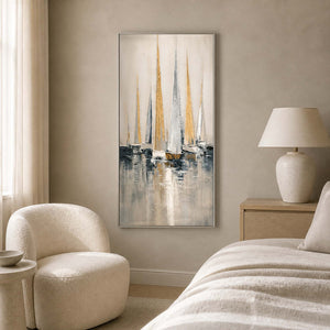Slender coastal artwork displayed in a serene neutral bedroom.