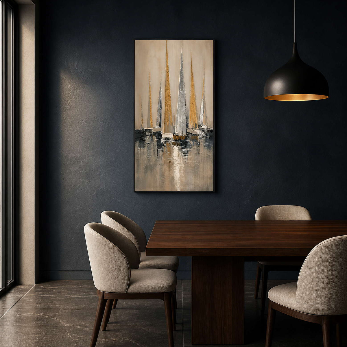 Gold and silver sailboat painting displayed in a dark navy dining room.
