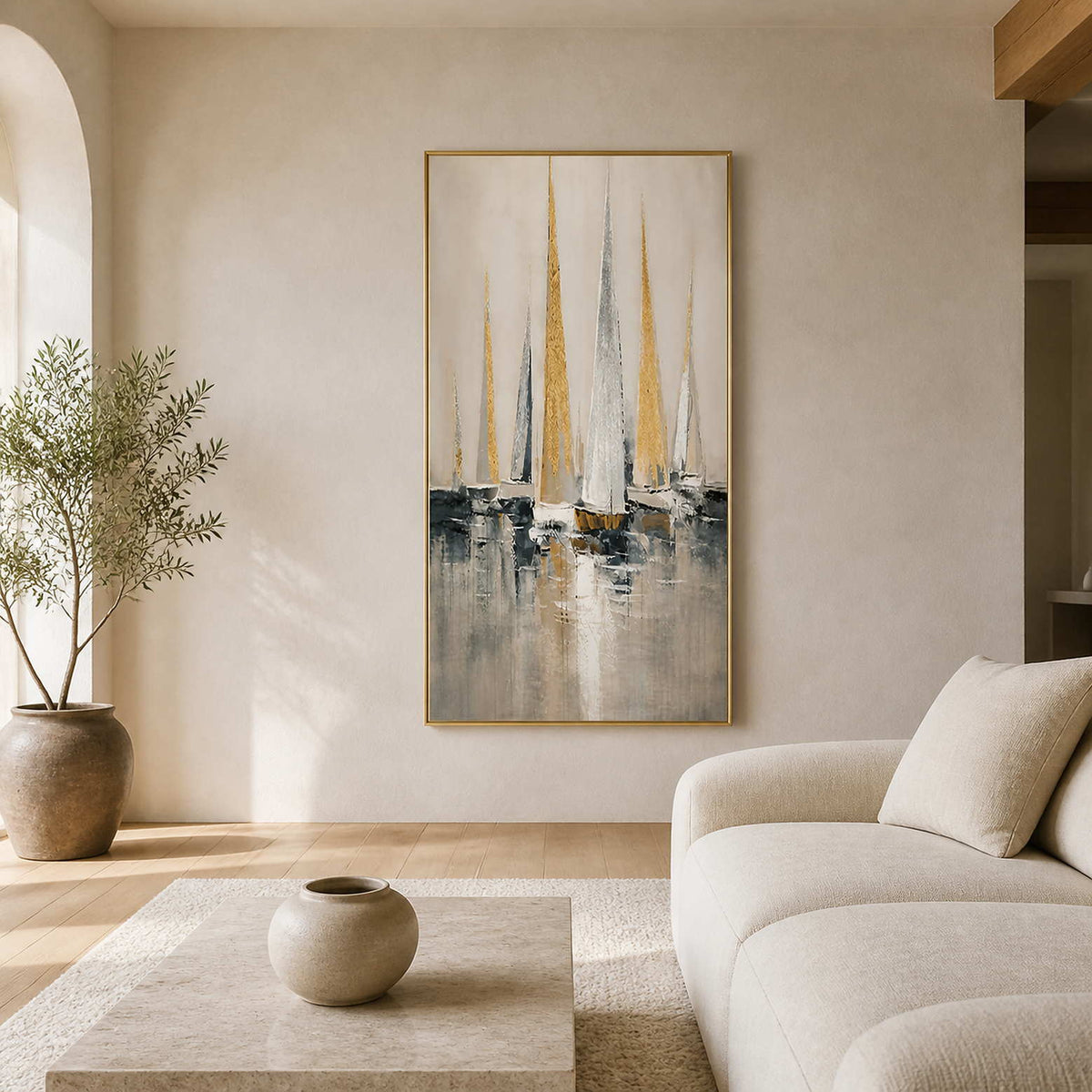 Tall textured sailboat wall art displayed in a warm modern living room.
