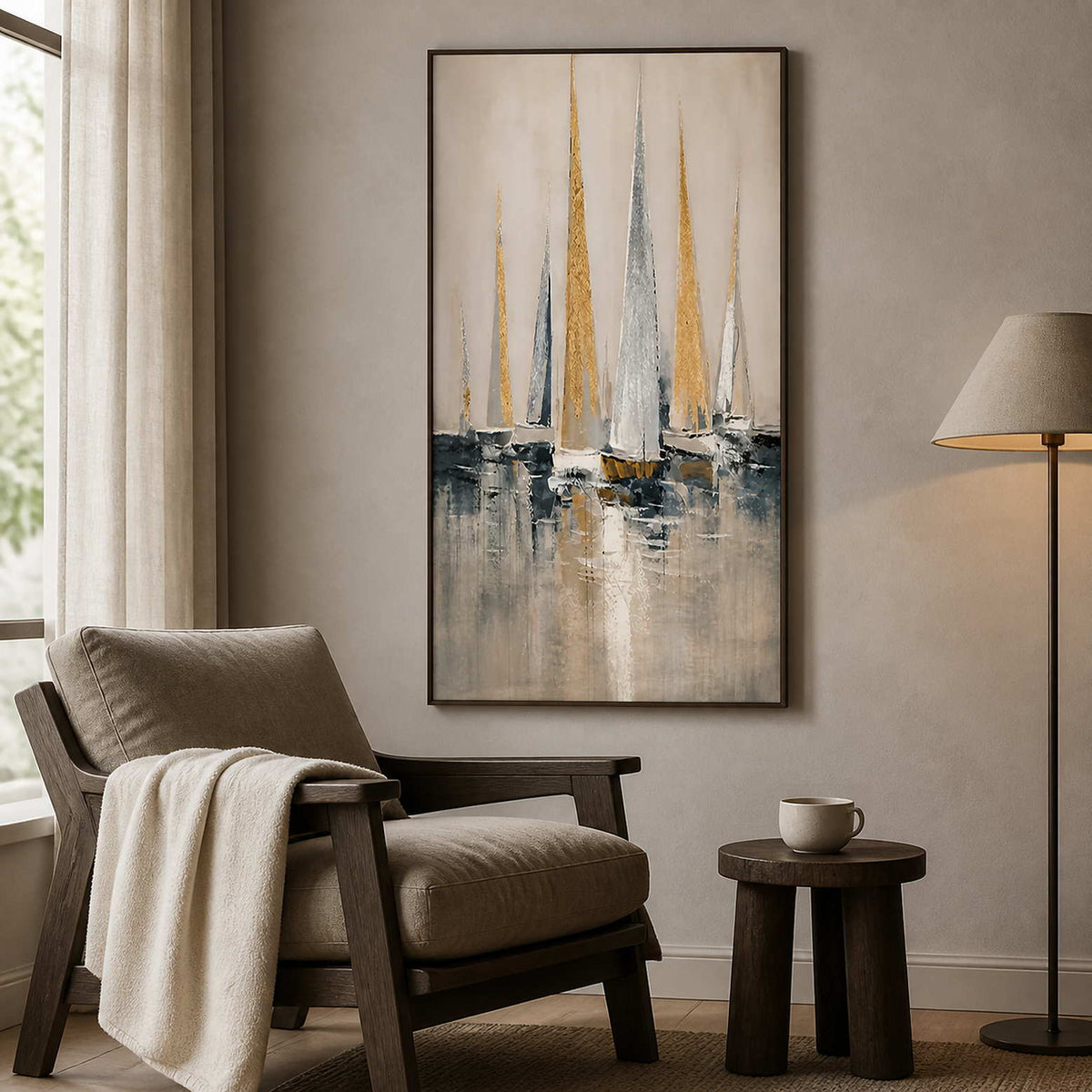 Textured nautical painting displayed beside a quiet reading chair.