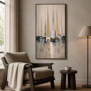 Textured nautical painting displayed beside a quiet reading chair.