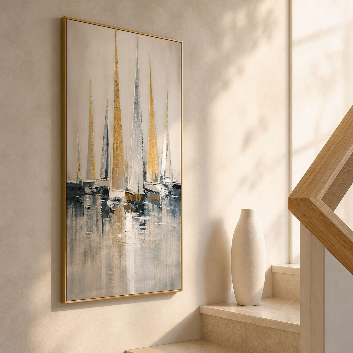 Narrow coastal wall art displayed beside a bright wood stairway.