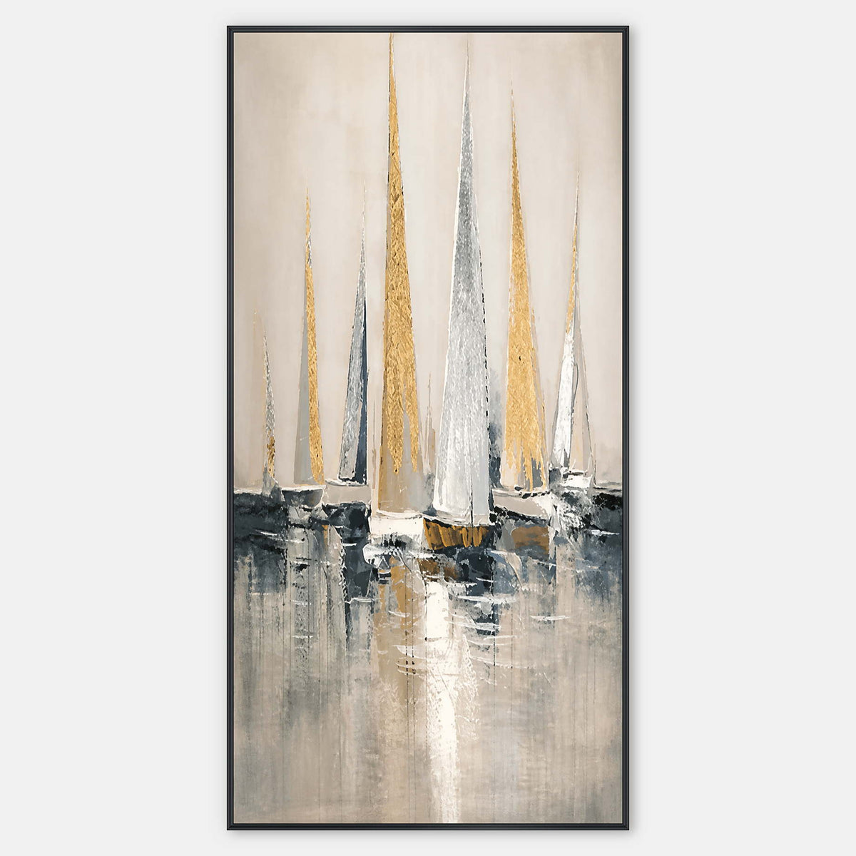 Narrow vertical sailboat artwork with gold, silver, and ivory sails.