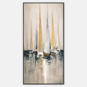 Narrow vertical sailboat artwork with gold, silver, and ivory sails.