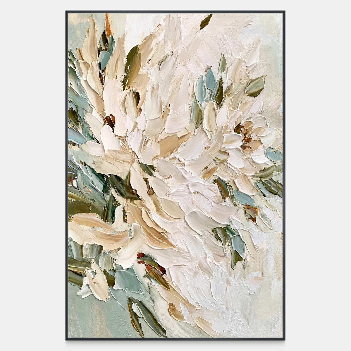 Front view of Tenderly in Bloom, a vertical painting of overlapping cream blossoms and muted green foliage with raised petal strokes.