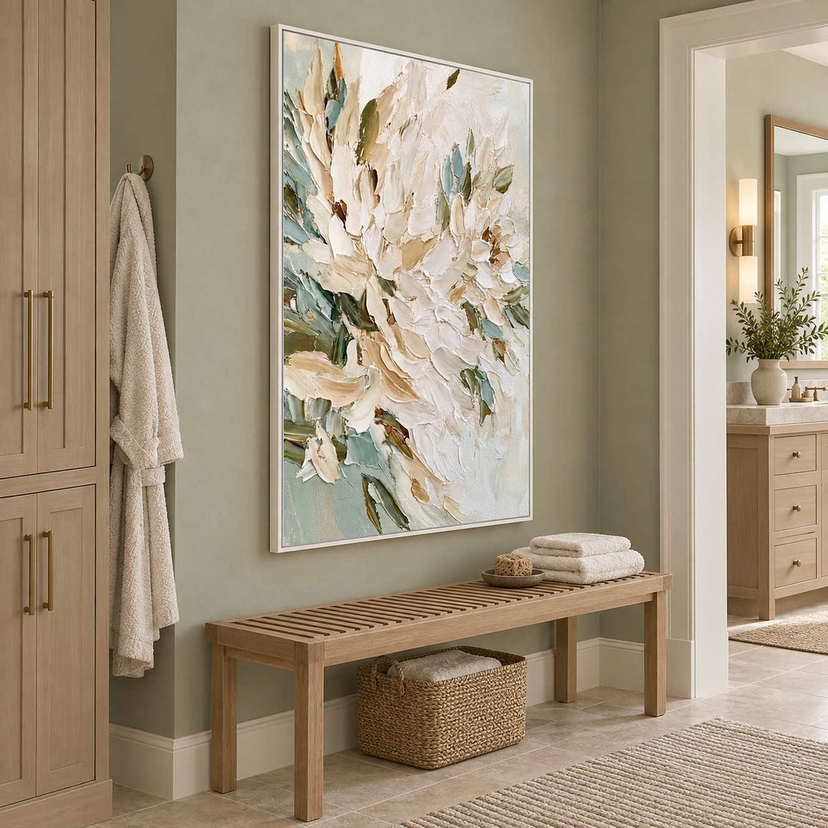 Tenderly in Bloom in a white frame above a slatted wood bench with towels beside a woven basket in a bathroom dry area.
