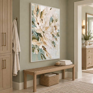 Tenderly in Bloom in a white frame above a slatted wood bench with towels beside a woven basket in a bathroom dry area.