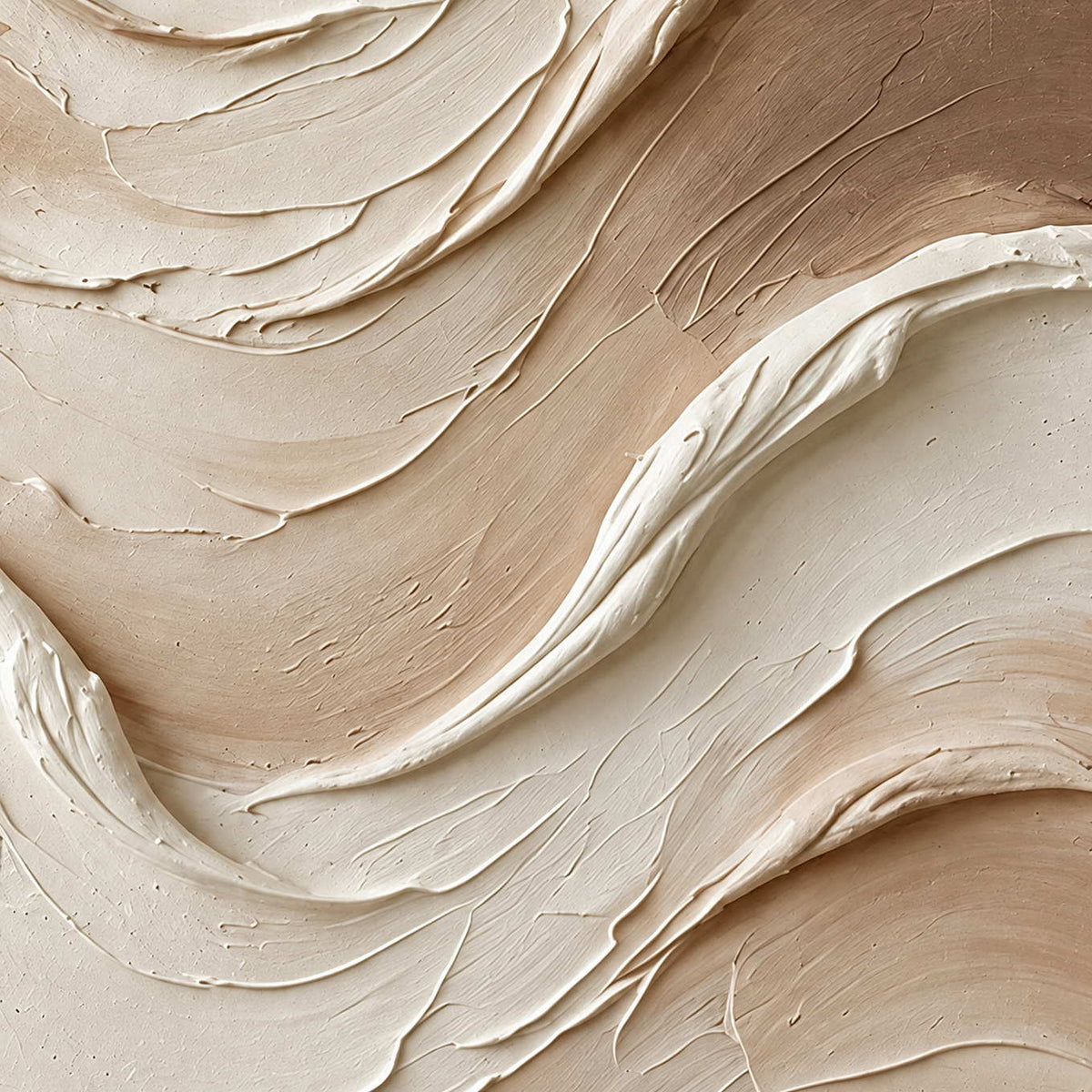 Close-up of Tenderness showing cream and taupe paint folding into broad curves with softly shadowed raised edges.