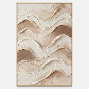Front view of Tenderness, a vertical abstract of flowing cream, beige and taupe curves with raised edges.
