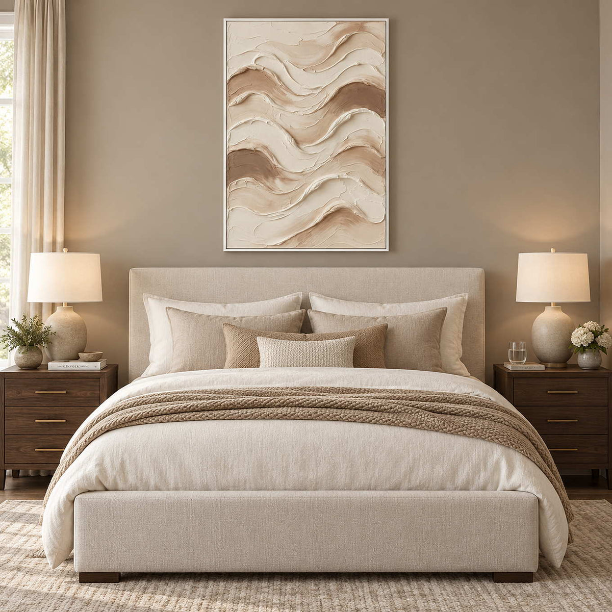 Tenderness in a white frame above an upholstered cream bed with soft beige layered linens.