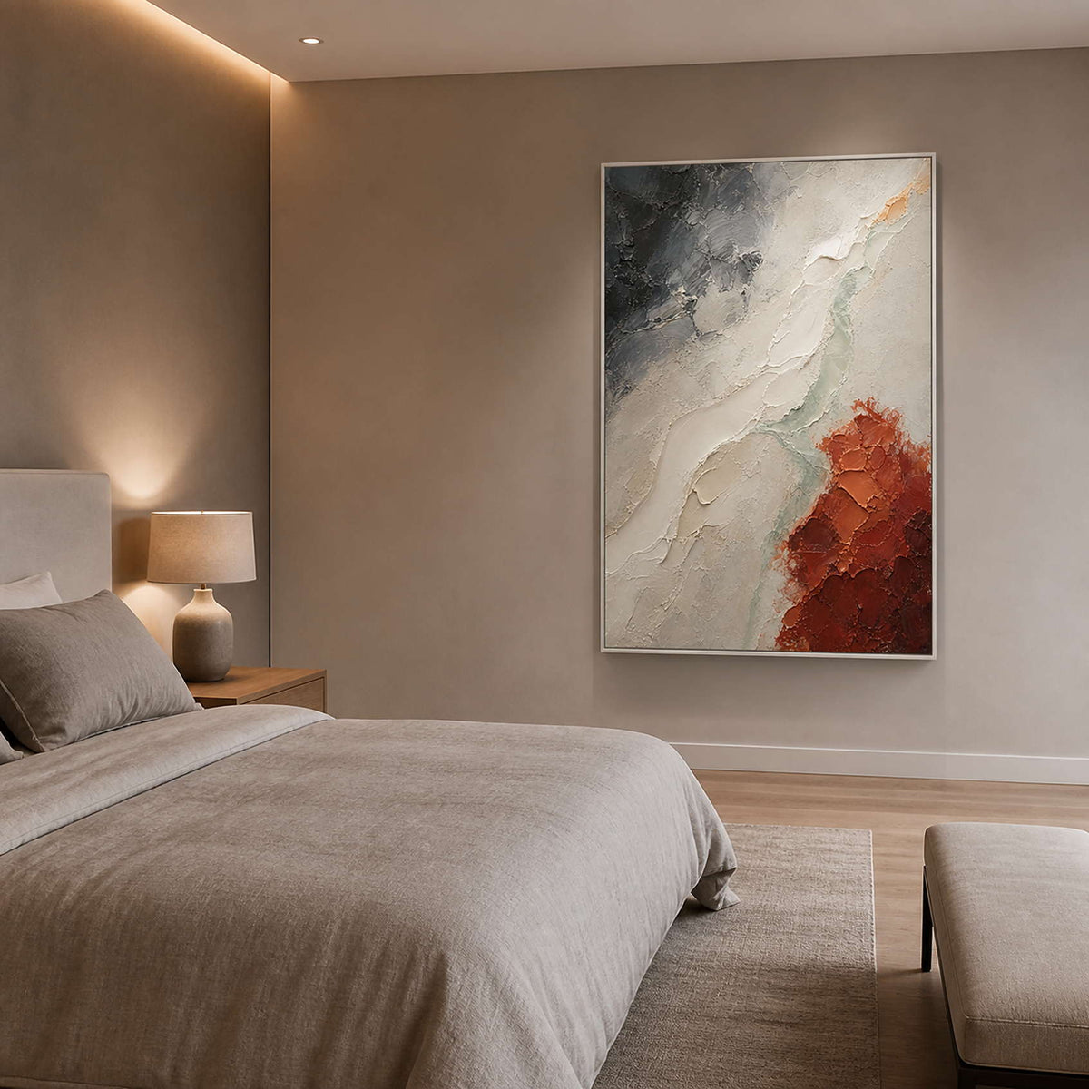Wabi-Sabi Abstract Wall Art displayed in a refined bedroom.