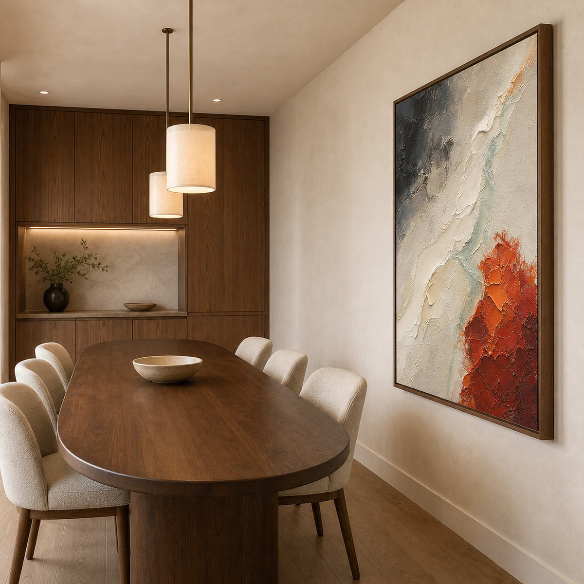 Wabi-Sabi Abstract Wall Art displayed in a refined dining room.