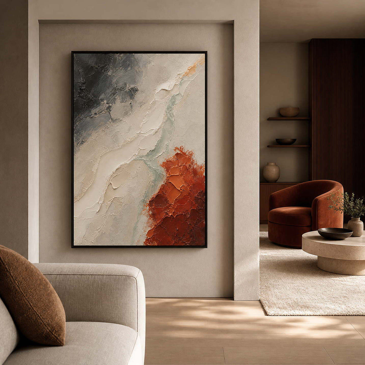 Wabi-Sabi Abstract Wall Art displayed in a refined living room.