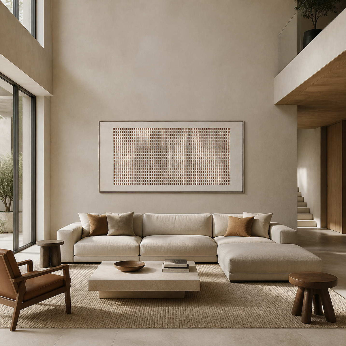 Neutral textured grid wall art displayed in a warm double-height living room.