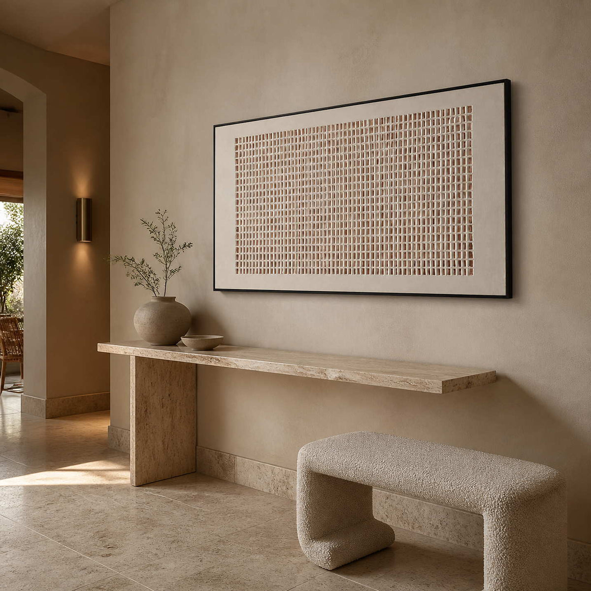 Textured Wabi-Sabi wall art displayed in a warm sand hotel corridor.