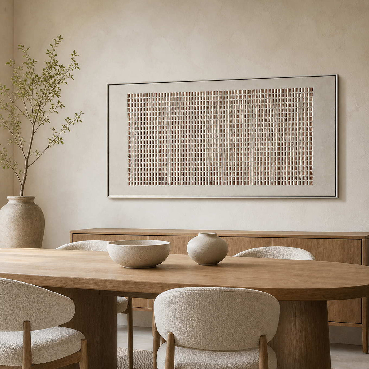 Panoramic neutral grid artwork displayed in a natural wood dining room.