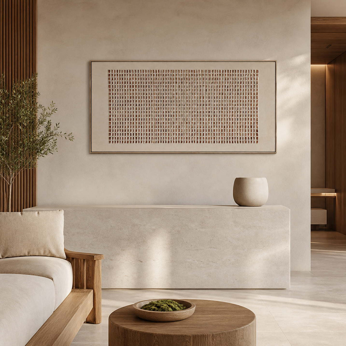 Earth-toned panoramic wall art displayed in a serene spa reception area.