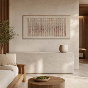 Earth-toned panoramic wall art displayed in a serene spa reception area.