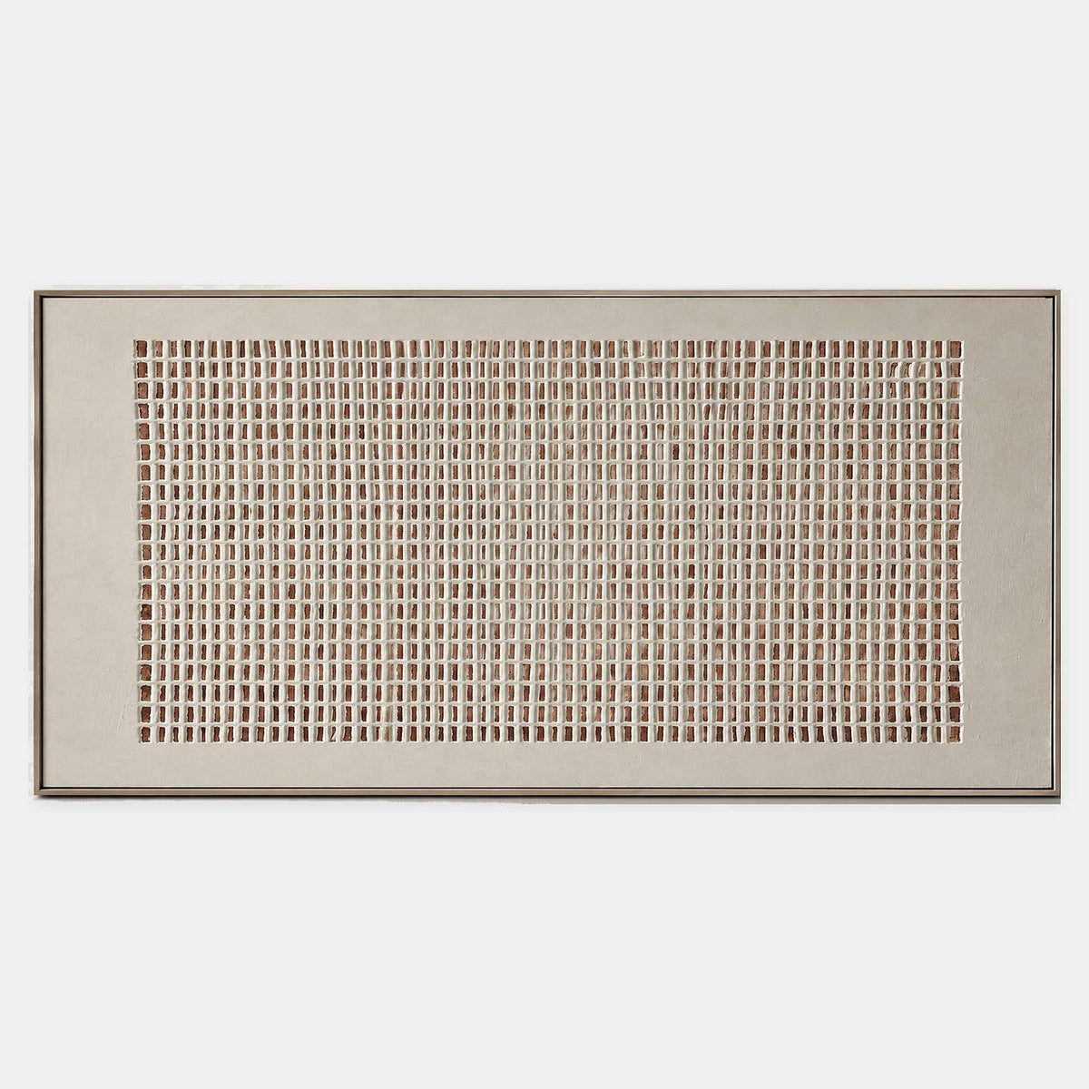Raised ivory lattice revealing a warm terracotta ground in a panoramic composition.