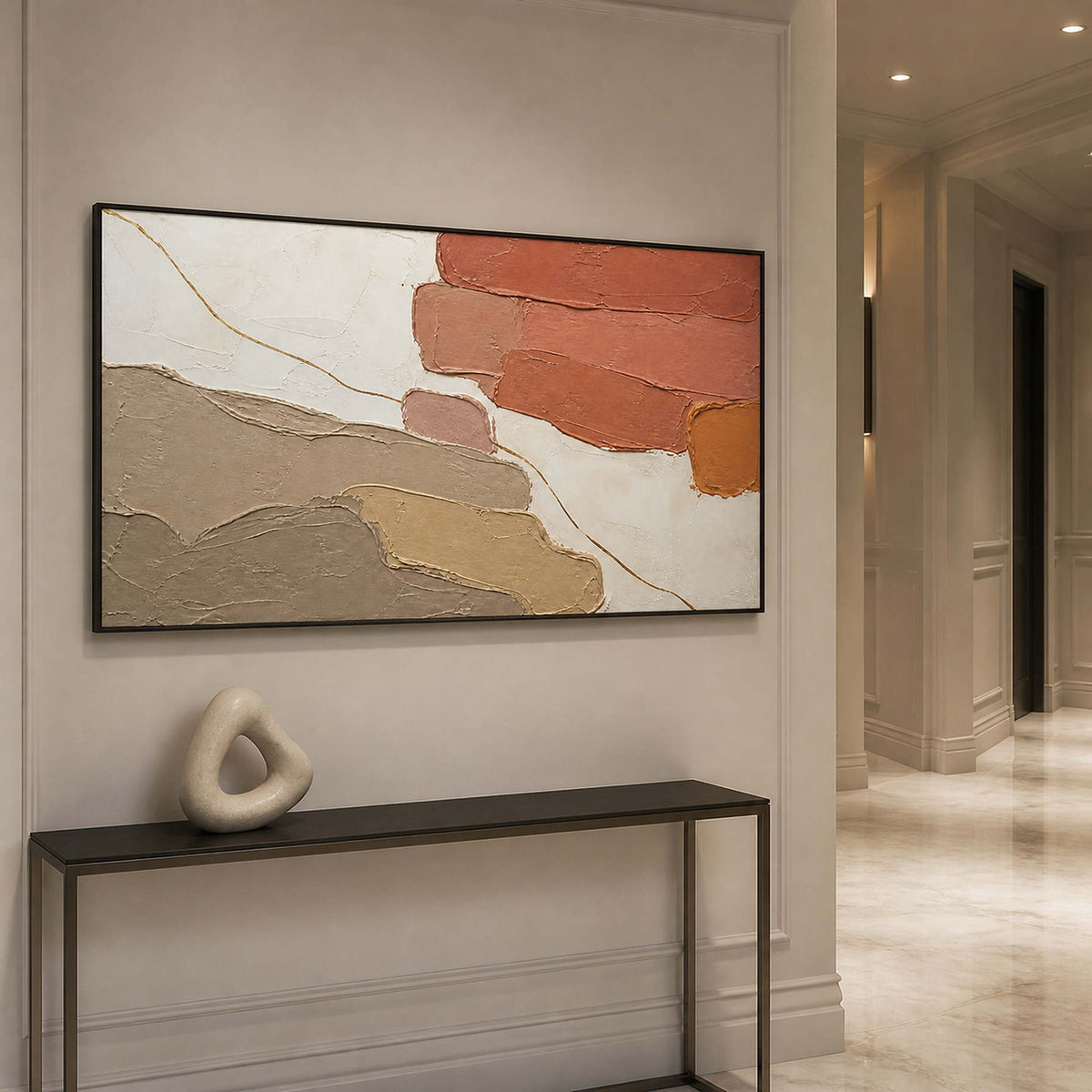 Panoramic earth tone wall art displayed above an entryway console.