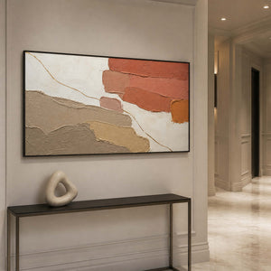 Panoramic earth tone wall art displayed above an entryway console.