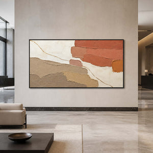 Panoramic terracotta wall art displayed in a modern hotel lobby.