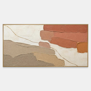 Panoramic abstract wall art with terracotta, taupe, ivory, and gold accents.