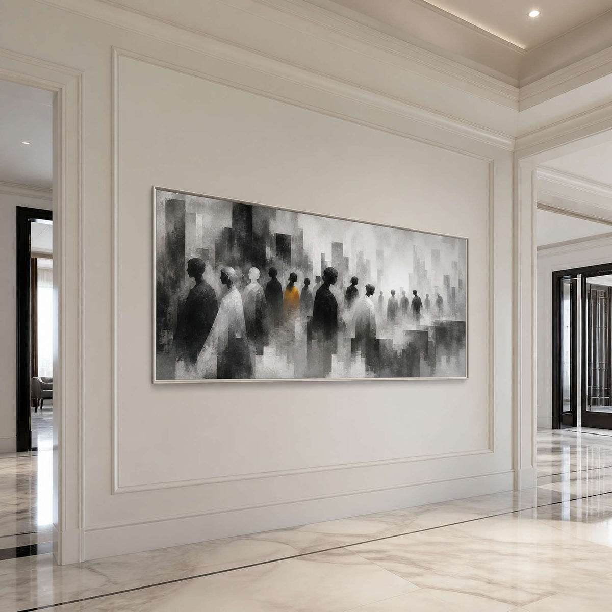 Panoramic textured figure wall art in a luxury entryway with a silver frame.