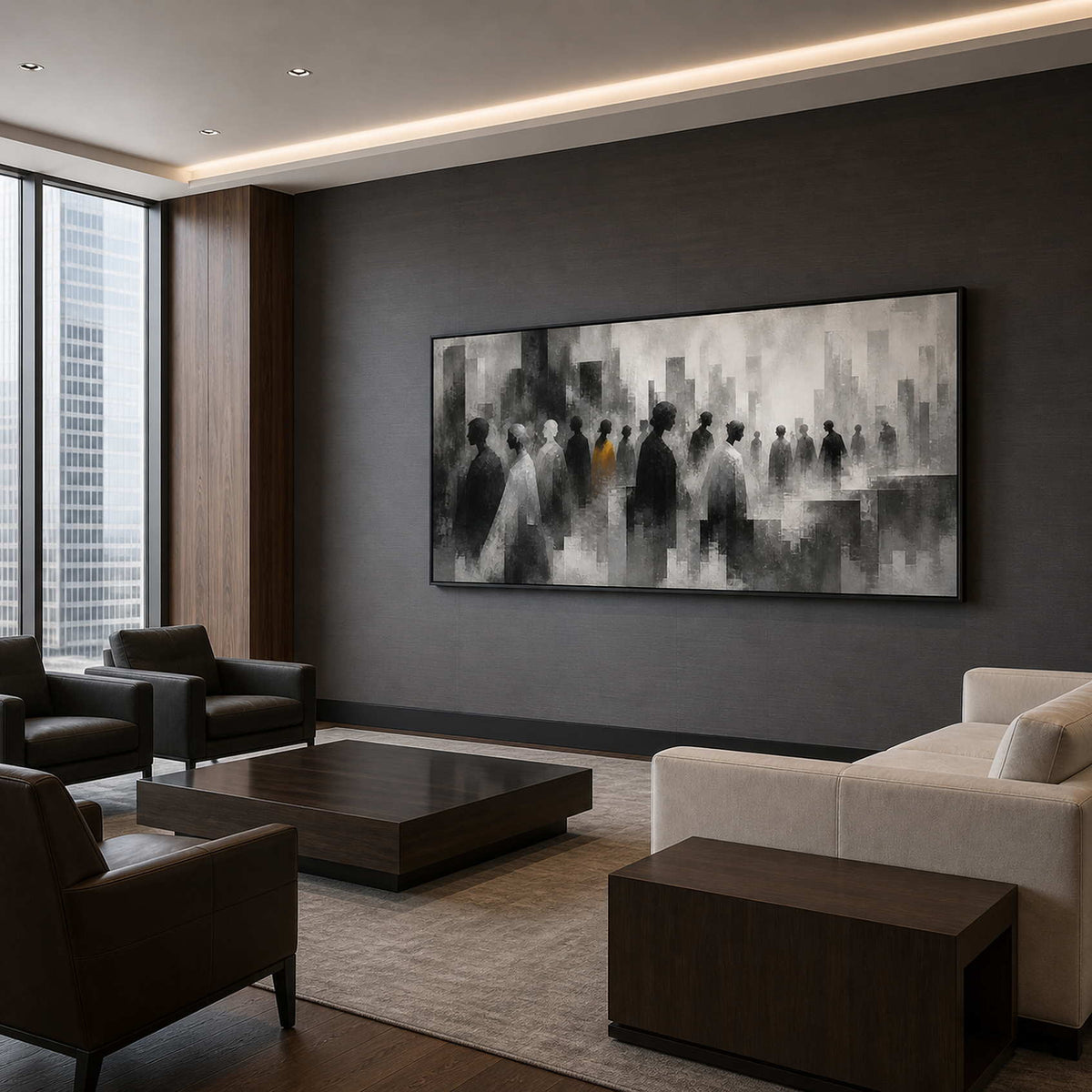 Atmospheric figurative wall art displayed in an executive club lounge.