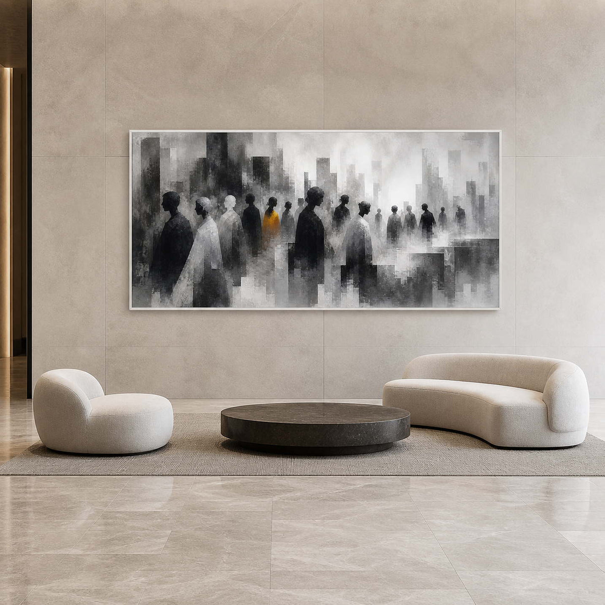 Contemporary panoramic figure wall art in a hotel lobby with a white frame.