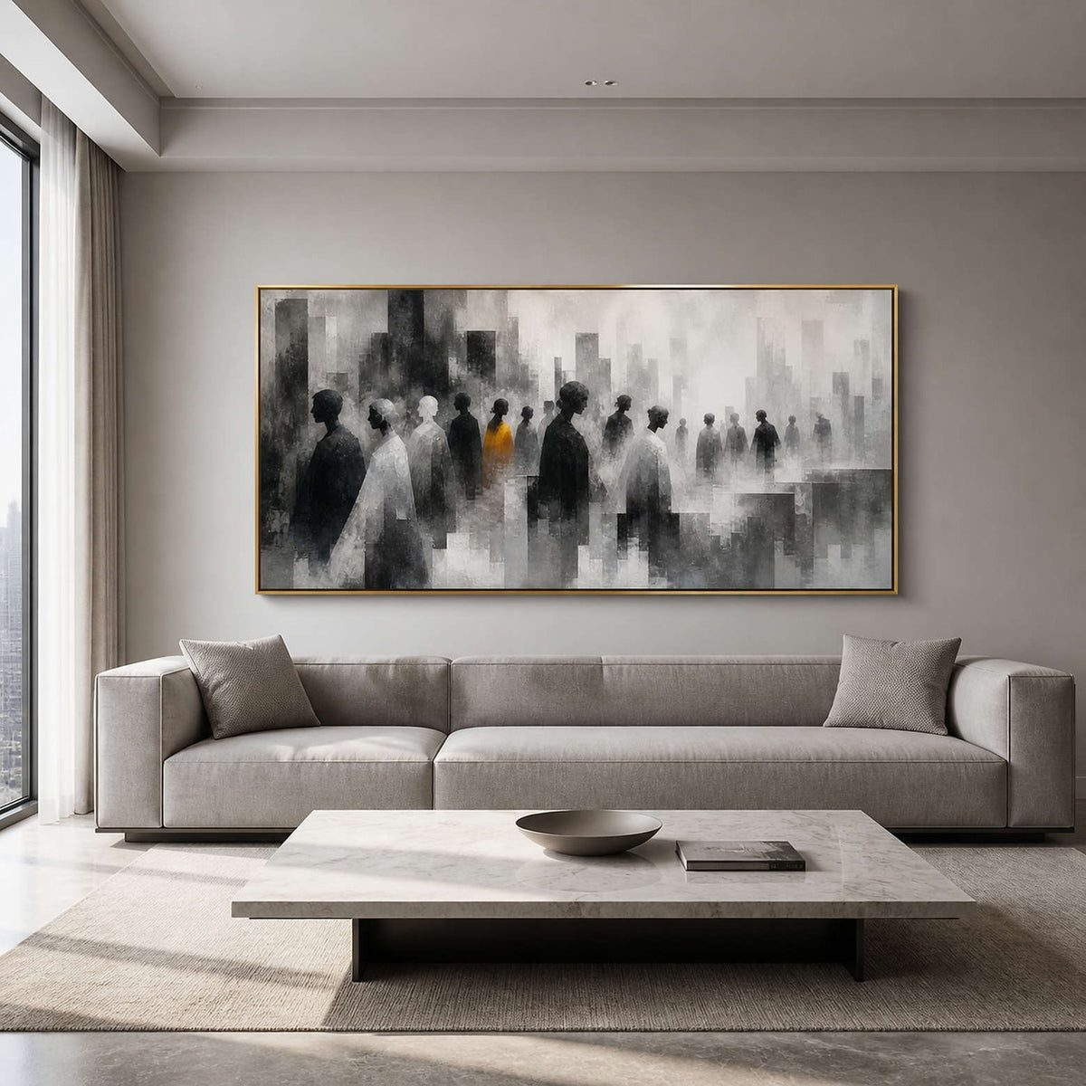 The Amber Figure in Passing wall art in a modern living room.