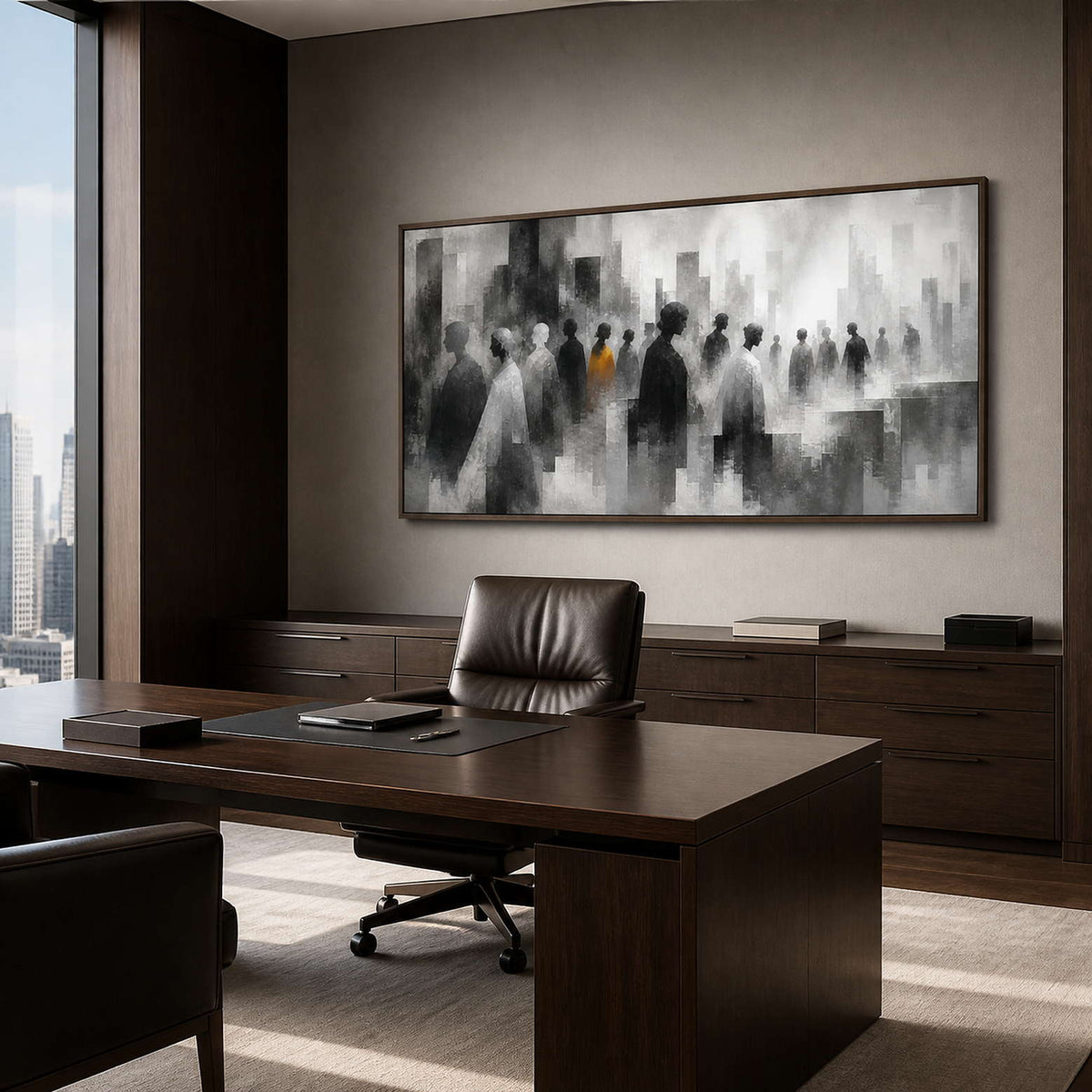 Black and white figurative wall art in a private office with a wood frame.