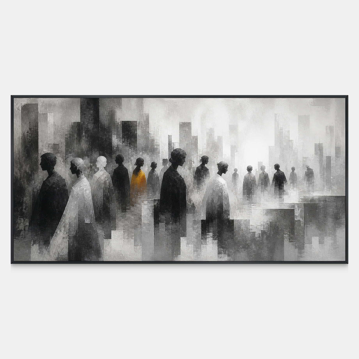 Panoramic textured figurative wall art in black, white, gray, and amber.