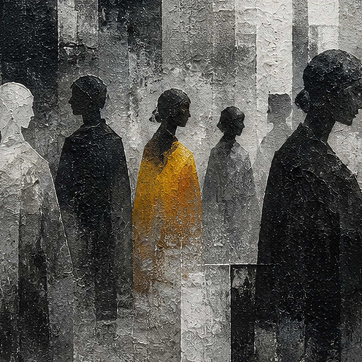 Close-up of layered black, white, gray, and amber hand-painted texture.