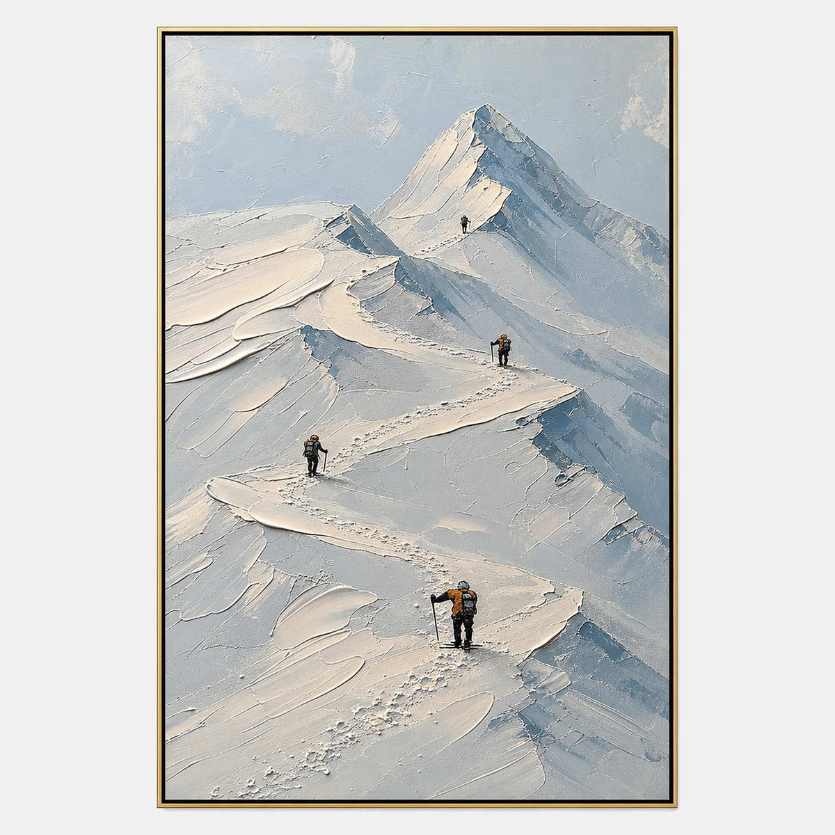 Hand-painted mountain wall art with white, blue, and neutral tones.