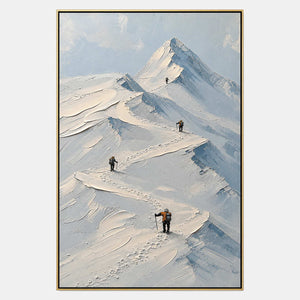 Hand-painted mountain wall art with white, blue, and neutral tones.