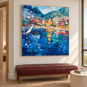 Angled bay painting above a burgundy bench beside a tall window.