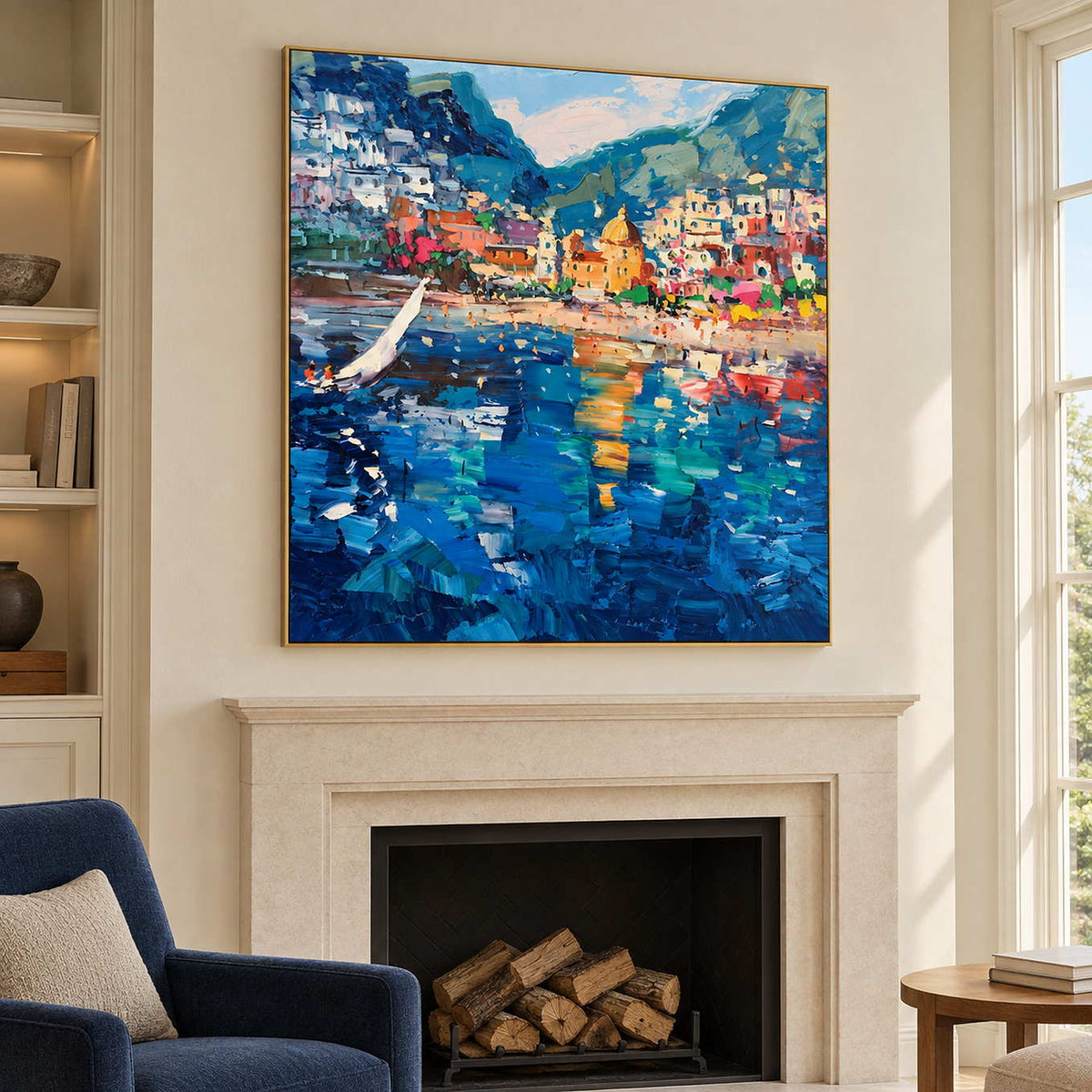 Town-and-reflections painting above a pale fireplace.